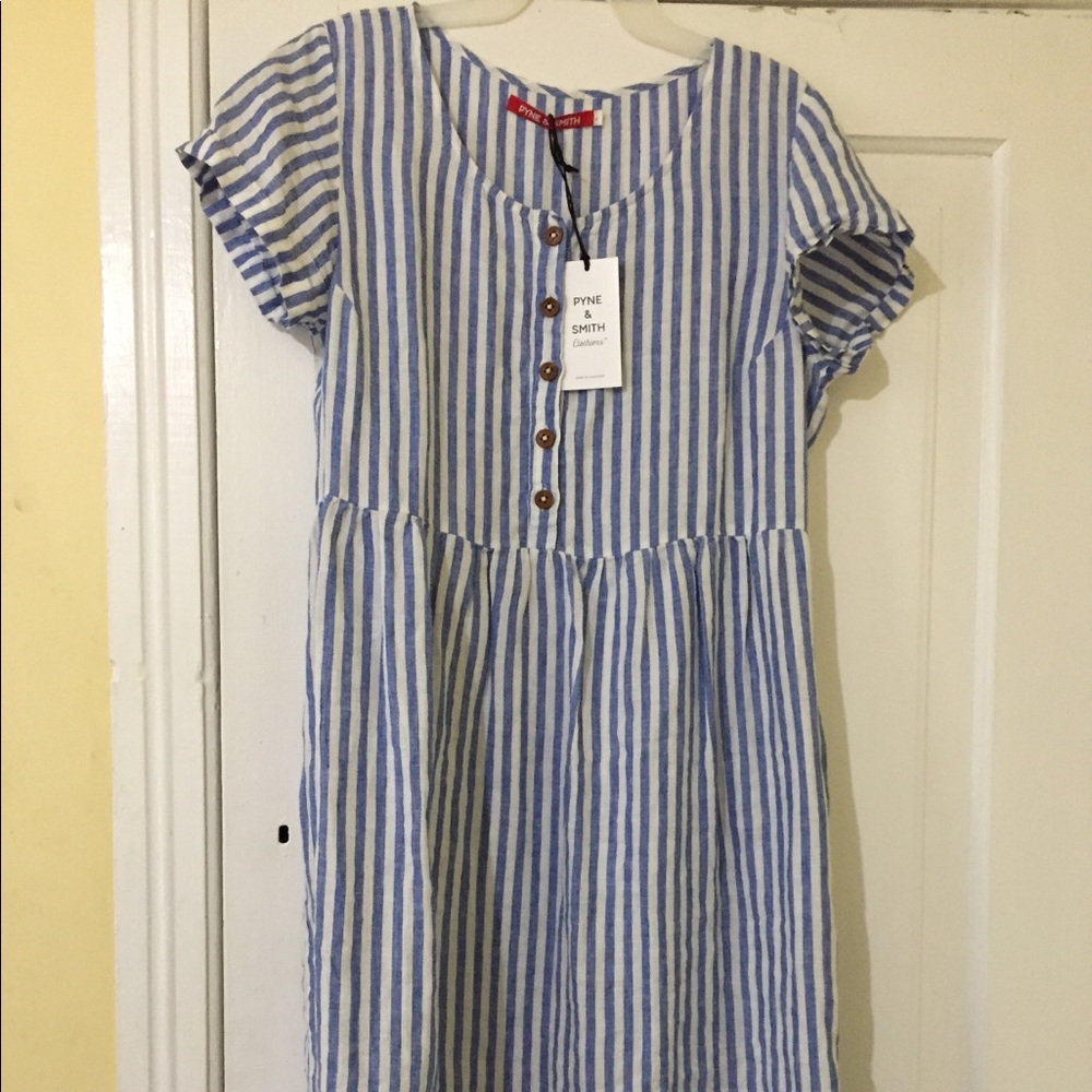 Pyne & Smith blue & white stripe #11 linen dress L